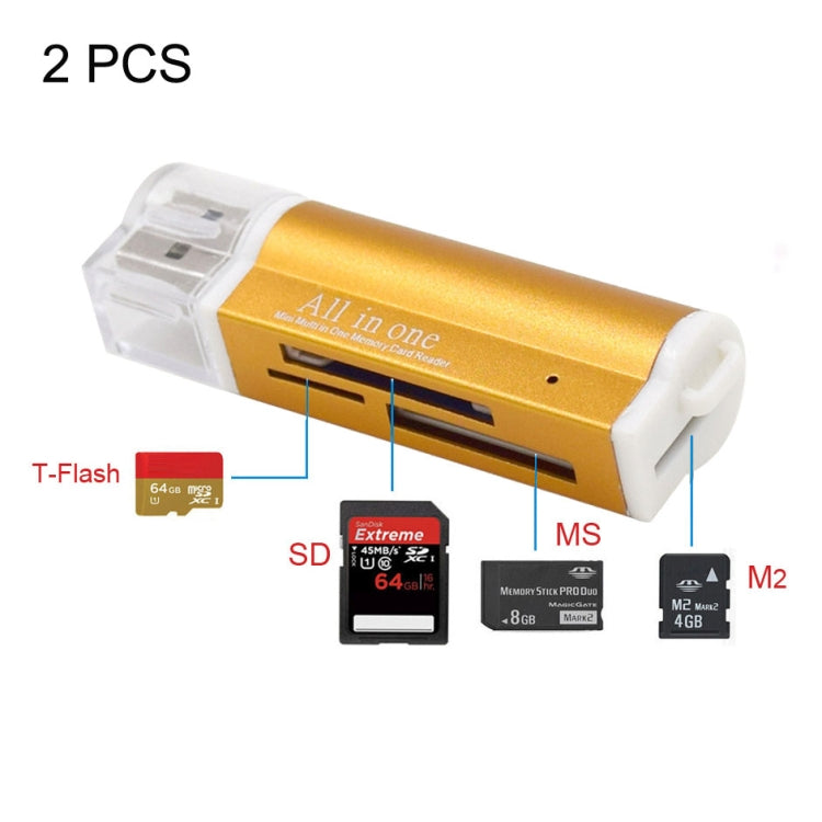 2 PCS Multi All in 1 USB 2.0 Micro SD SDHC TF M2 MMC MS PRO DUO Memory Card Reader(Gold) -  by buy2fix | Online Shopping UK | buy2fix