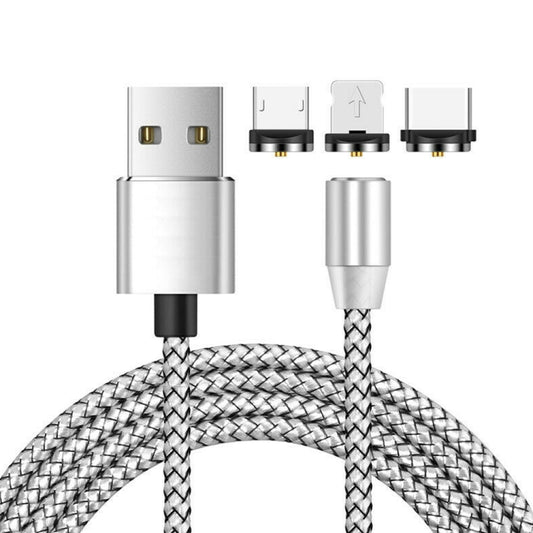 3 in 1 USB to 8 Pin + Type-C/USB-C + Micro USB Magnetic Metal Interface Nylon Braided Charging Cable, Length: 1m(Silvery) - Mobile Accessories by buy2fix | Online Shopping UK | buy2fix