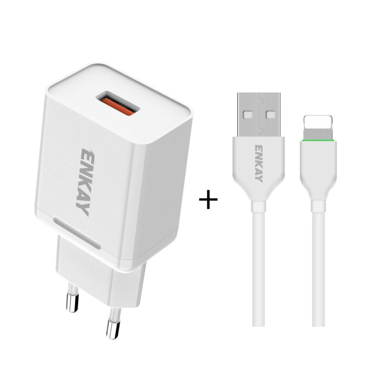 ENKAY Hat-Prince T033 18W 3A QC3.0 Fast Charging Power Adapter EU Plug Portable Travel Charger With 3A 1m 8 Pin Cable - USB Charger by ENKAY | Online Shopping UK | buy2fix