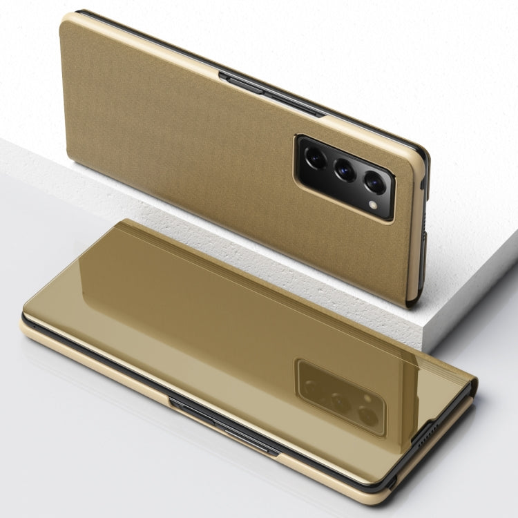 For Samsung Galaxy Z Fold2 5G Plated Mirror Horizontal Flip Leather Case with Holder(Gold) - Samsung Accessories by buy2fix | Online Shopping UK | buy2fix