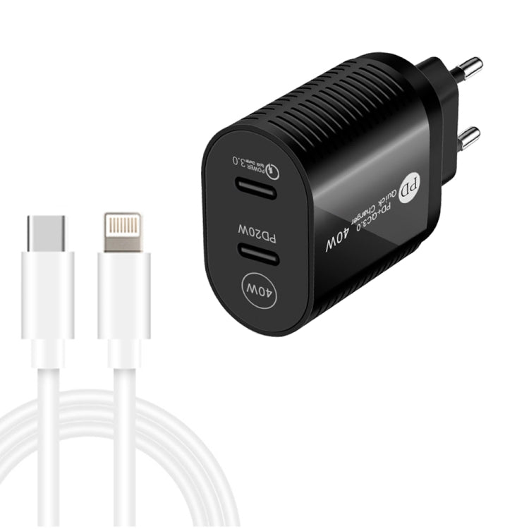 40W Dual Port PD / Type-C Fast Charger with Type-C to 8 Pin Data Cable, EU Plug(Black) - USB Charger by buy2fix | Online Shopping UK | buy2fix