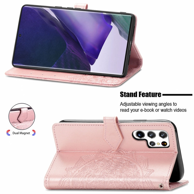 For Samsung Galaxy S22 Ultra 5G Mandala Flower Embossed Horizontal Flip Leather Case with Holder & Card Slots & Wallet & Lanyard(Rose Gold) - Samsung Accessories by buy2fix | Online Shopping UK | buy2fix