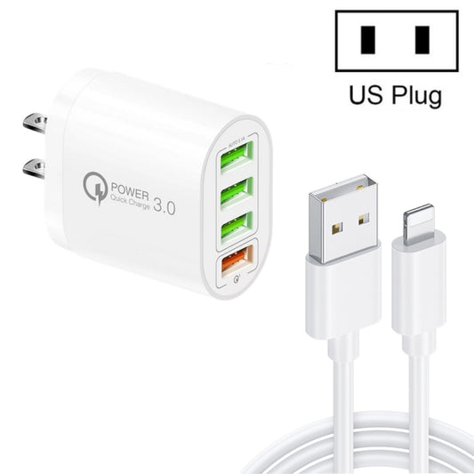 QC-04 QC3.0 + 3 x USB2.0 Multi-ports Charger with 3A USB to 8 Pin Data Cable,US Plug(White) - Apple Accessories by buy2fix | Online Shopping UK | buy2fix