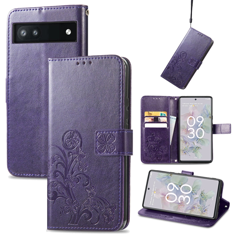 For Google Pixel 6a Four-leaf Clasp Embossed Buckle Leather Phone Case(Purple) - Google Cases by buy2fix | Online Shopping UK | buy2fix