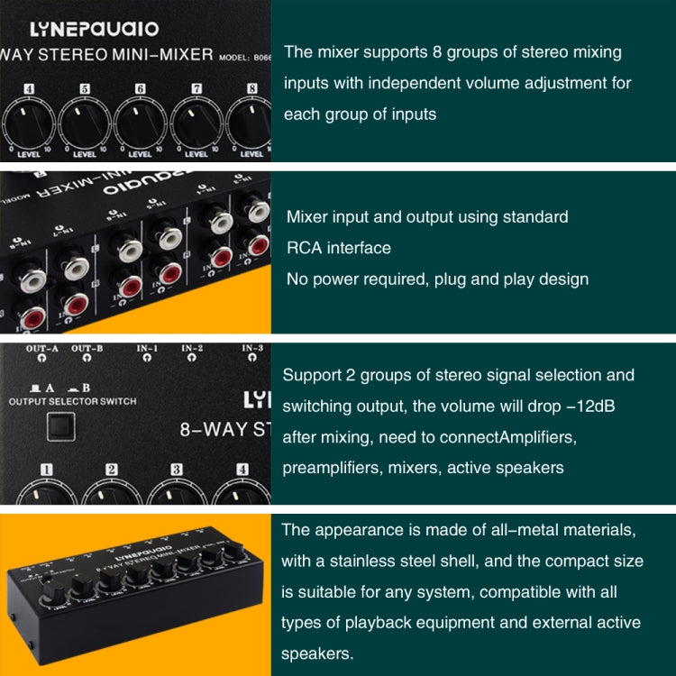 B066 Mini Stereo 8 Channel RCA Non Source Sound Passive Mixer, No Power Supply - Consumer Electronics by buy2fix | Online Shopping UK | buy2fix