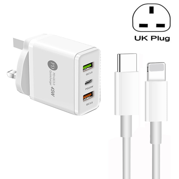 45W PD3.0 + 2 x QC3.0 USB Multi Port Charger with Type-C to 8 Pin Cable, UK Plug(White) - USB Charger by buy2fix | Online Shopping UK | buy2fix