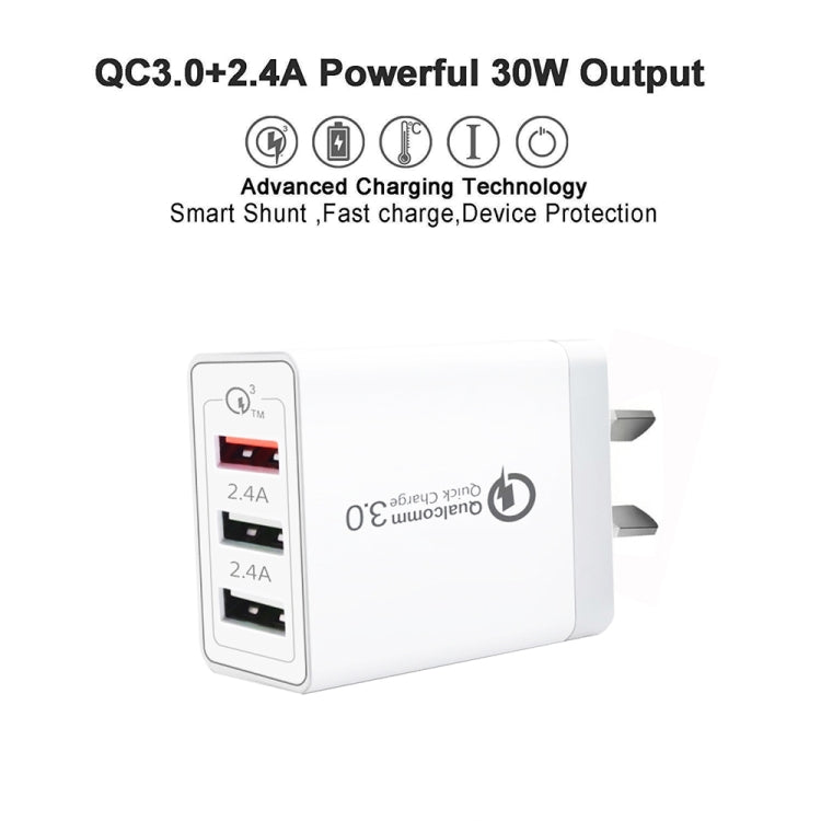 30W QC 3.0 USB + 2 x USB 2.0 Ports Mobile Phone Tablet Quick Charger, AU Plug - USB Charger by buy2fix | Online Shopping UK | buy2fix