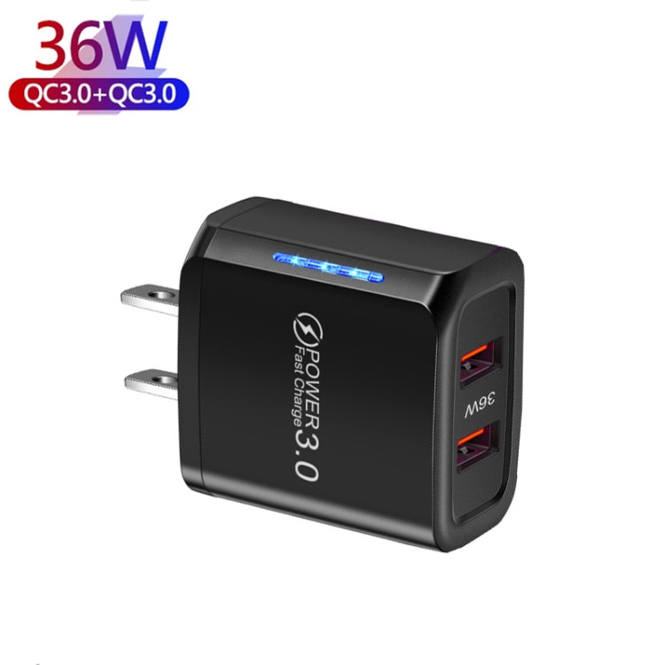 36W Dual Port QC3.0 USB Mobile Phone Charger Dual 18W Output, US Plug(Black) - USB Charger by buy2fix | Online Shopping UK | buy2fix