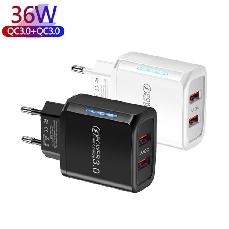 36W Dual Port QC3.0 USB Mobile Phone Charger Dual 18W Output, EU Plug(White) - Apple Accessories by buy2fix | Online Shopping UK | buy2fix