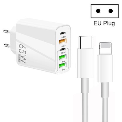 65W Dual PD Type-C + 3 x USB Multi Port Charger with 3A Type-C to 8 Pin Data Cable, EU Plug(White) - Apple Accessories by buy2fix | Online Shopping UK | buy2fix