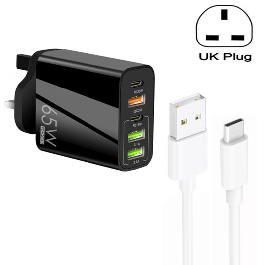 65W Dual PD Type-C + 3 x USB Multi Port Charger with 3A USB to Type-C Data Cable, UK Plug(Black) - Mobile Accessories by buy2fix | Online Shopping UK | buy2fix