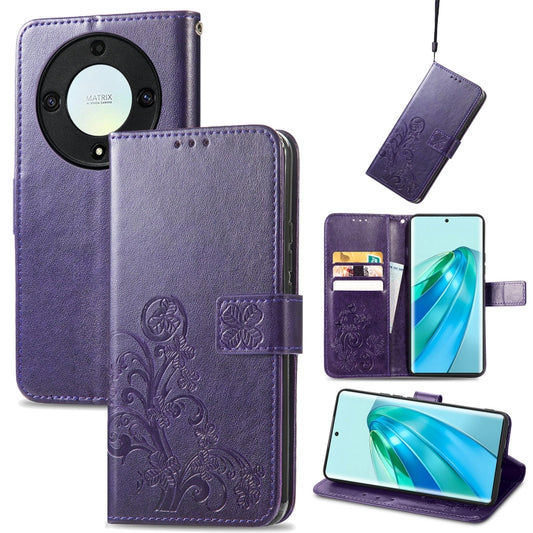 For Honor Magic5 Lite Four-leaf Clasp Embossed Buckle Leather Phone Case(Purple) - Honor Cases by buy2fix | Online Shopping UK | buy2fix