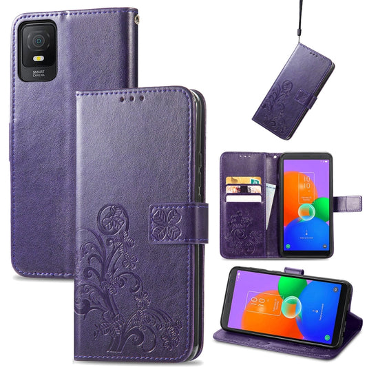 For TCL 403 Four-leaf Clasp Embossed Buckle Leather Phone Case(Purple) - More Brand by buy2fix | Online Shopping UK | buy2fix