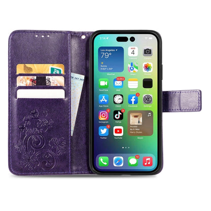 For iPhone 15 Pro Max Four-leaf Clasp Embossed Buckle Leather Phone Case(Purple) - iPhone 15 Pro Max Cases by buy2fix | Online Shopping UK | buy2fix