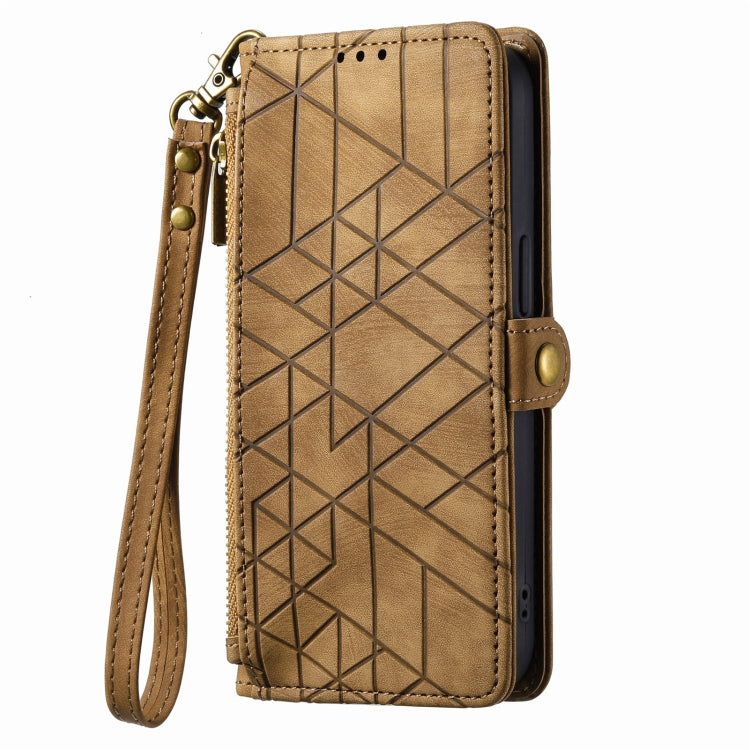 For iPhone 13 Pro Geometric Zipper Wallet Side Buckle Leather Phone Case(Brown) - iPhone 13 Pro Cases by buy2fix | Online Shopping UK | buy2fix