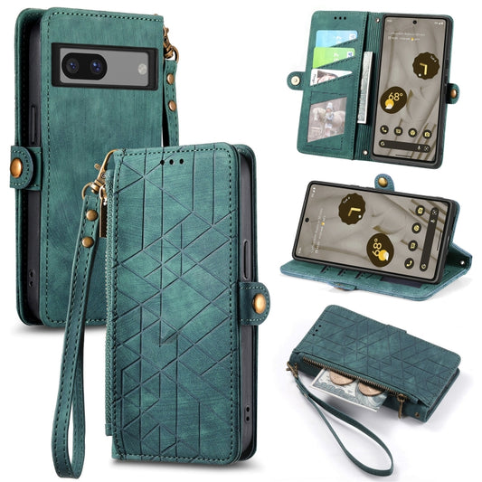 For Google Pixel 7A Geometric Zipper Wallet Side Buckle Leather Phone Case(Green) - Google Cases by buy2fix | Online Shopping UK | buy2fix