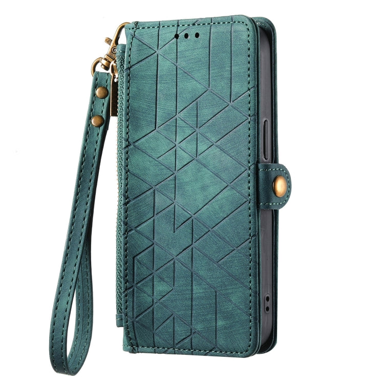 For Google Pixel 6 Pro Geometric Zipper Wallet Side Buckle Leather Phone Case(Green) - Google Cases by buy2fix | Online Shopping UK | buy2fix