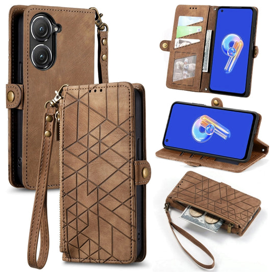 For ASUS Zenfone 9 Geometric Zipper Wallet Side Buckle Leather Phone Case(Brown) - ASUS Cases by buy2fix | Online Shopping UK | buy2fix