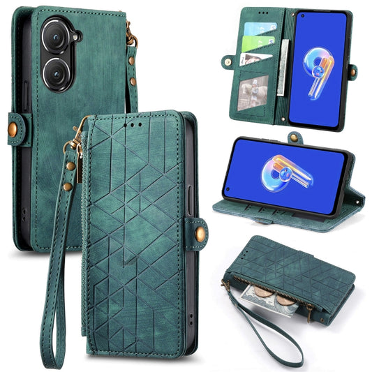For ASUS Zenfone 10 Geometric Zipper Wallet Side Buckle Leather Phone Case(Green) - ASUS Cases by buy2fix | Online Shopping UK | buy2fix