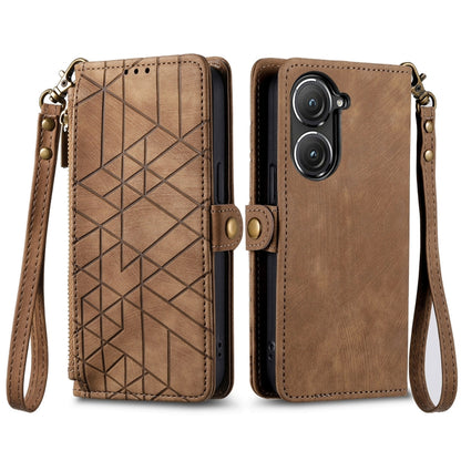 For ASUS Zenfone 10 Geometric Zipper Wallet Side Buckle Leather Phone Case(Brown) - ASUS Cases by buy2fix | Online Shopping UK | buy2fix