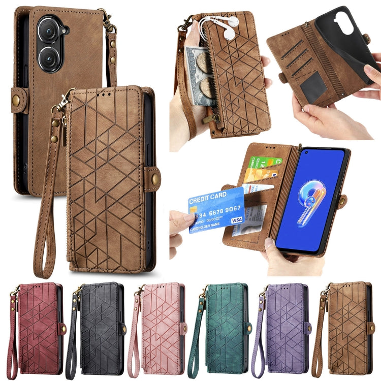 For ASUS Zenfone 9 Geometric Zipper Wallet Side Buckle Leather Phone Case(Black) - ASUS Cases by buy2fix | Online Shopping UK | buy2fix