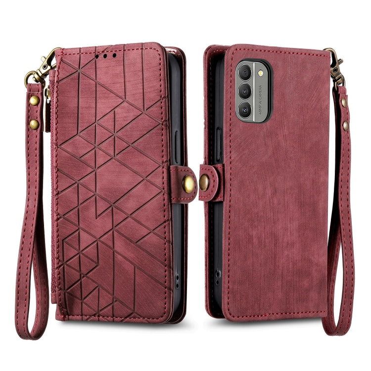 For Nokia C12 Geometric Zipper Wallet Side Buckle Leather Phone Case(Red) - Nokia Cases by buy2fix | Online Shopping UK | buy2fix