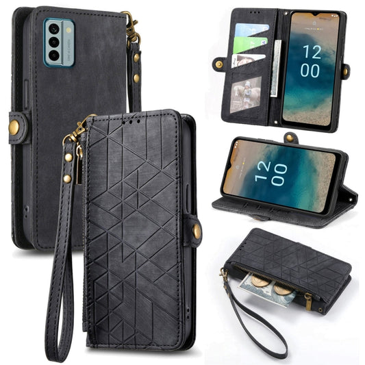 For Nokia G22 Geometric Zipper Wallet Side Buckle Leather Phone Case(Black) - Nokia Cases by buy2fix | Online Shopping UK | buy2fix