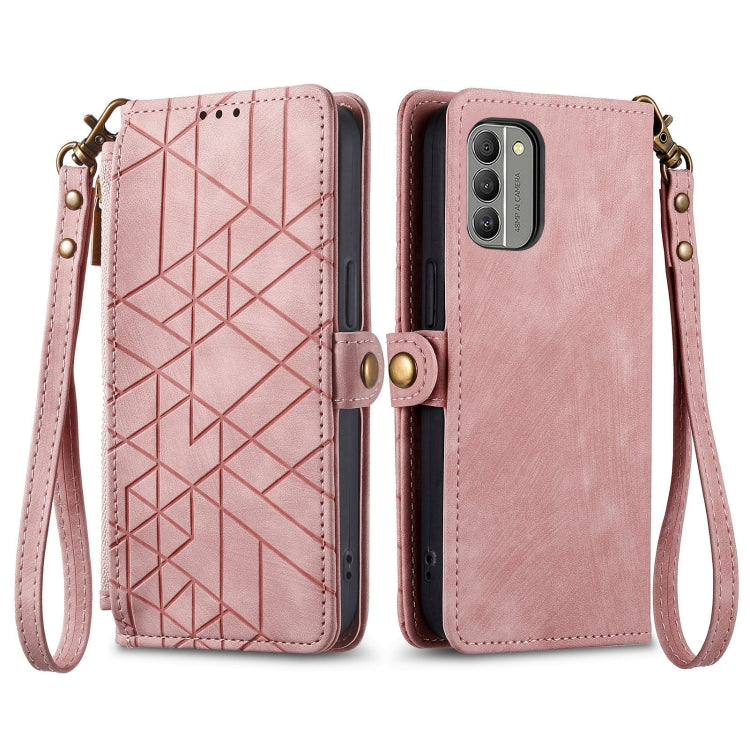 For Nokia C31 Geometric Zipper Wallet Side Buckle Leather Phone Case(Pink) - Nokia Cases by buy2fix | Online Shopping UK | buy2fix