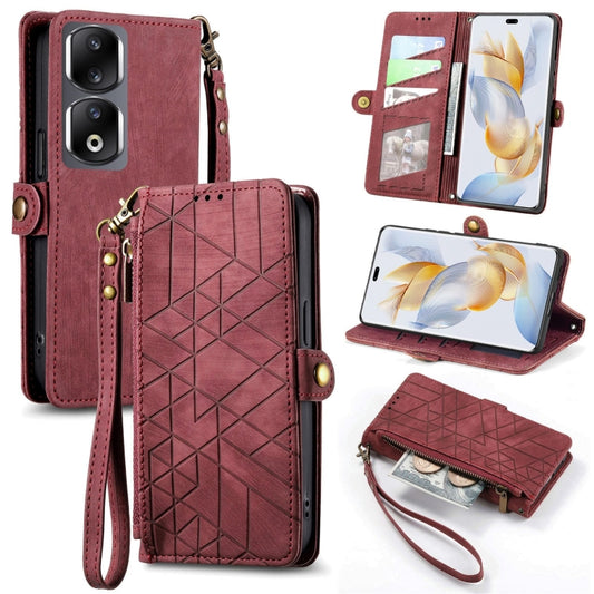 For Honor 90 Pro Geometric Zipper Wallet Side Buckle Leather Phone Case(Red) - Honor Cases by buy2fix | Online Shopping UK | buy2fix