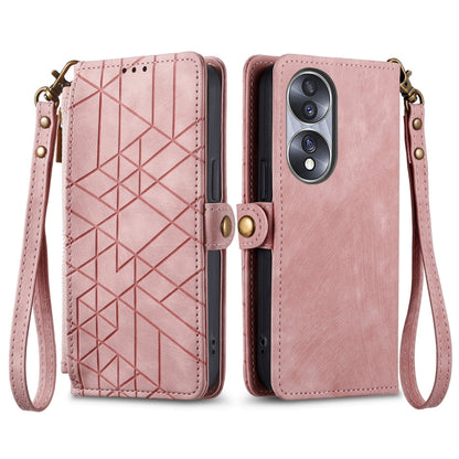 For Honor 90 Geometric Zipper Wallet Side Buckle Leather Phone Case(Pink) - Honor Cases by buy2fix | Online Shopping UK | buy2fix