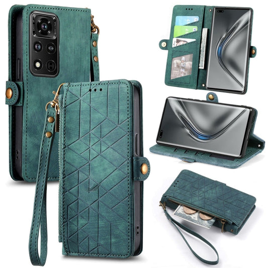 For Honor V40 Geometric Zipper Wallet Side Buckle Leather Phone Case(Green) - Honor Cases by buy2fix | Online Shopping UK | buy2fix
