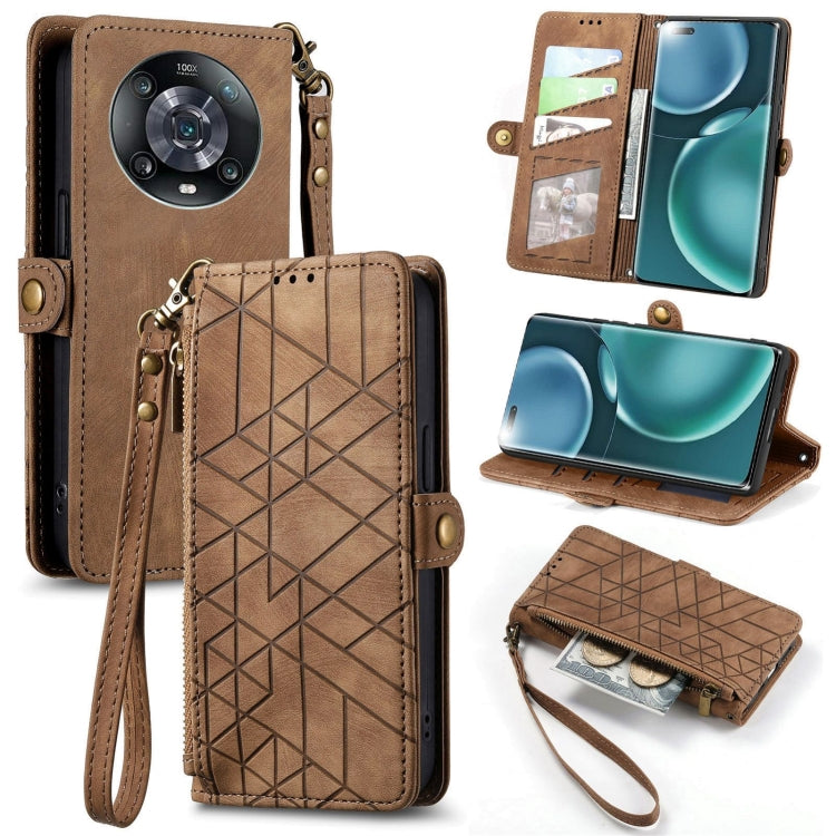 For Honor Magic4 Pro Geometric Zipper Wallet Side Buckle Leather Phone Case(Brown) - Honor Cases by buy2fix | Online Shopping UK | buy2fix