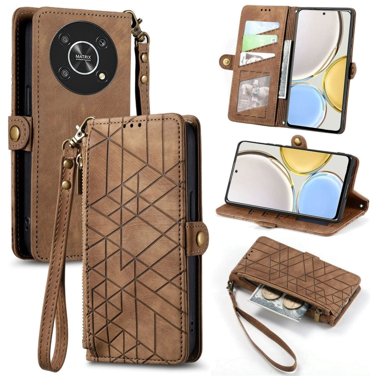 For Honor Magic4 Lite Geometric Zipper Wallet Side Buckle Leather Phone Case(Brown) - Honor Cases by buy2fix | Online Shopping UK | buy2fix