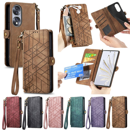 For Honor 70 Pro Geometric Zipper Wallet Side Buckle Leather Phone Case(Brown) - Honor Cases by buy2fix | Online Shopping UK | buy2fix