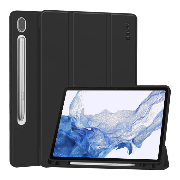 For Samsung Galaxy Tab S9 ENKAY Tri-fold Custer Leather TPU Bottom Smart Case with Pen Slot(Black) - Galaxy Tab S9 Cases by ENKAY | Online Shopping UK | buy2fix