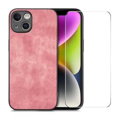 For iPhone 14 ENKAY Retro Leather Skin PC Phone Case with High Aluminum-silicon Glass Film(Pink) - iPhone 14 Cases by ENKAY | Online Shopping UK | buy2fix