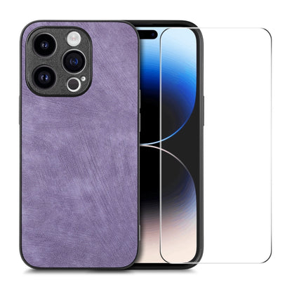 For iPhone 14 Pro ENKAY Retro Leather Skin PC Phone Case with High Aluminum-silicon Glass Film(Purple) - iPhone 14 Pro Cases by ENKAY | Online Shopping UK | buy2fix