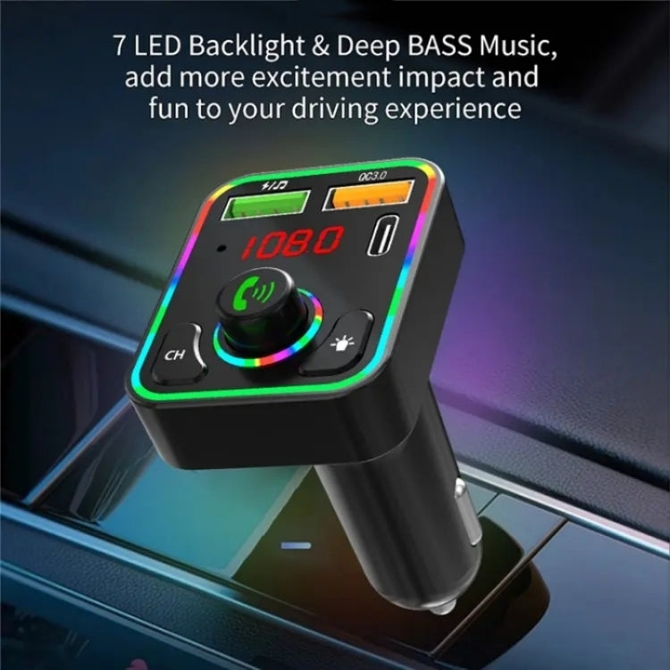 PDF3 7-Color Lights Hands-Free Bluetooth Calling MP3 Wireless Player PD/QC3.0 Fast Car Charger - Car Charger by buy2fix | Online Shopping UK | buy2fix