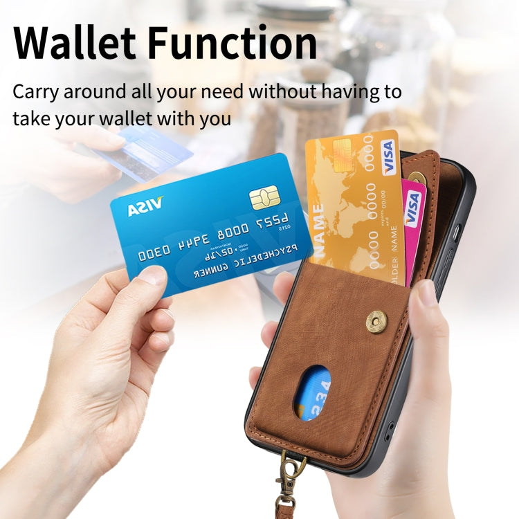 For iPhone 15 Pro Max Retro Card Wallet Fold Leather Phone Case with Strap(Brown) - iPhone 15 Pro Max Cases by buy2fix | Online Shopping UK | buy2fix