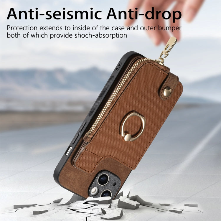 For iPhone 15 Pro Max Cross Leather Ring Vertical Zipper Wallet Back Phone Case(Brown) - iPhone 15 Pro Max Cases by buy2fix | Online Shopping UK | buy2fix