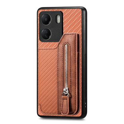 For Xiaomi  Redmi 13C Carbon Fiber Flip Zipper Wallet Phone Case(Brown) - 13C Cases by buy2fix | Online Shopping UK | buy2fix