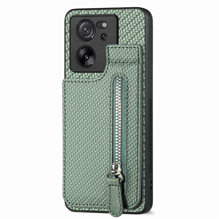 For Xiaomi 13T / 13T Pro Carbon Fiber Vertical Flip Zipper Phone Case(Green) - Xiaomi Cases by buy2fix | Online Shopping UK | buy2fix