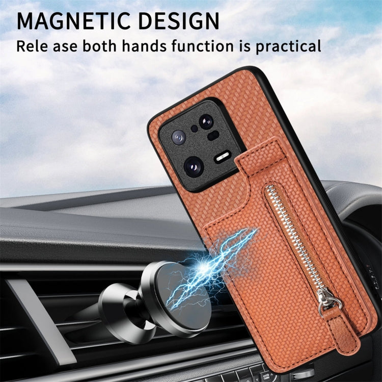 For Xiaomi 13T / 13T Pro Carbon Fiber Vertical Flip Zipper Phone Case(Apricot) - Xiaomi Cases by buy2fix | Online Shopping UK | buy2fix