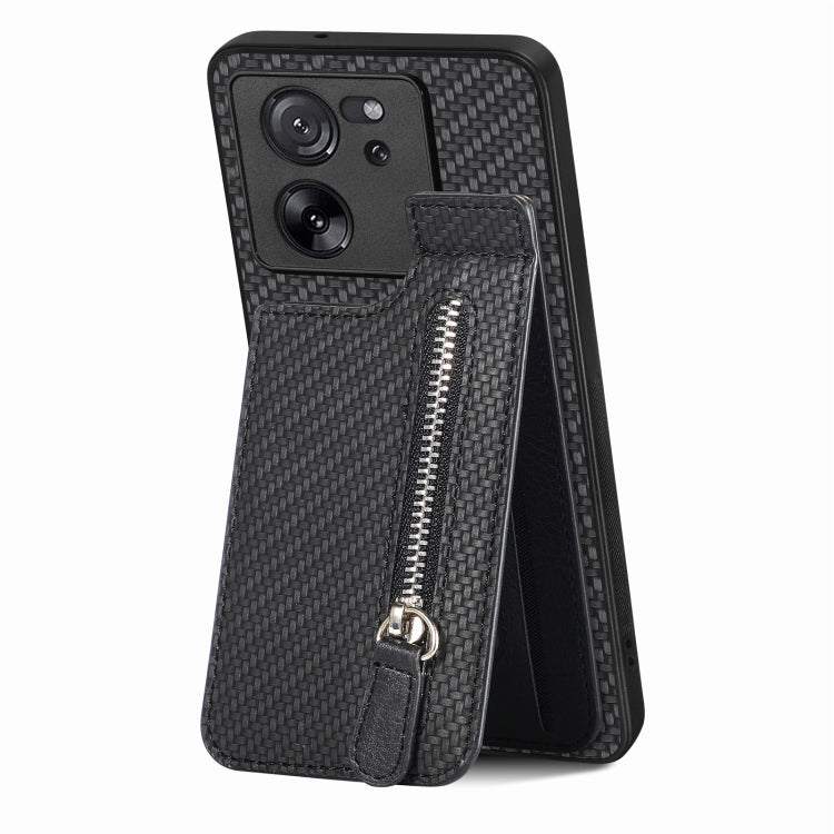 For Xiaomi 13T / 13T Pro Carbon Fiber Vertical Flip Zipper Phone Case(Black) - Xiaomi Cases by buy2fix | Online Shopping UK | buy2fix