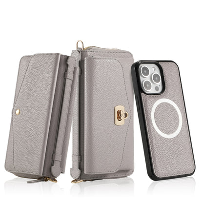 For iPhone 15 MagSafe Crossbody Multi-functional Zipper Wallet Litchi Leather Phone Case(Grey) - iPhone 15 Cases by buy2fix | Online Shopping UK | buy2fix