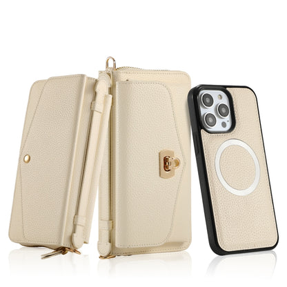 For iPhone 14 Plus MagSafe Crossbody Multi-functional Zipper Wallet Litchi Leather Phone Case(White) - iPhone 14 Plus Cases by buy2fix | Online Shopping UK | buy2fix