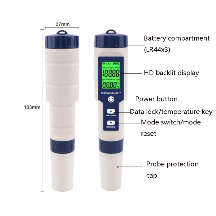 EZ-9909 PH/Salinity/Temperature/TDS/EC 5-in-1 Test Pen Multifunctional Water Quality Detector - Consumer Electronics by buy2fix | Online Shopping UK | buy2fix