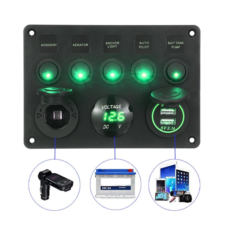 RV Yacht Car Combination Cat Eye Switch Dual USB Car Charging Control Panel With Voltmeter (Green Light) - In Car by buy2fix | Online Shopping UK | buy2fix