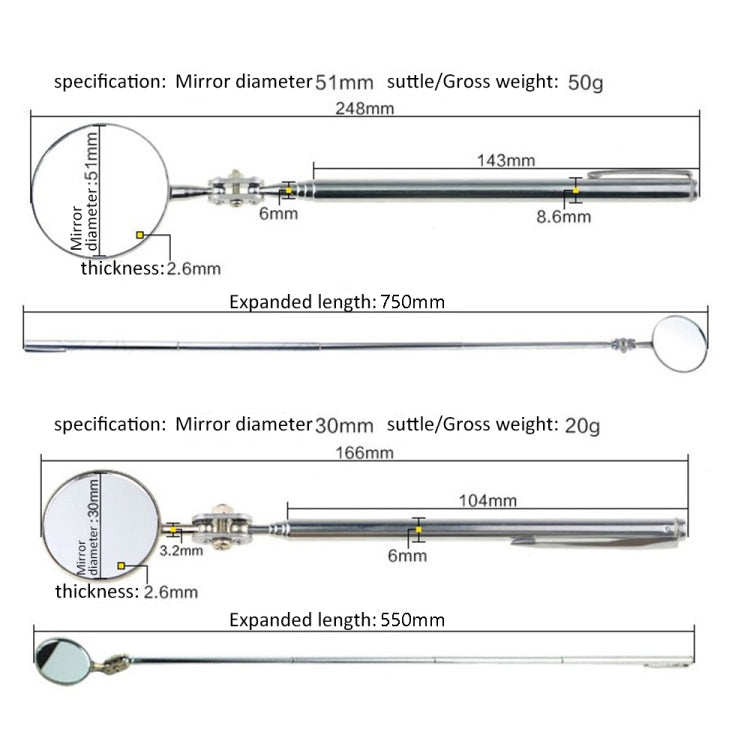 3 PCS Car Repair Detection Mirror Universal Folding Telescopic Mirror Welding Chassis Inspection Mirror, Model: Silver 30mm - In Car by buy2fix | Online Shopping UK | buy2fix