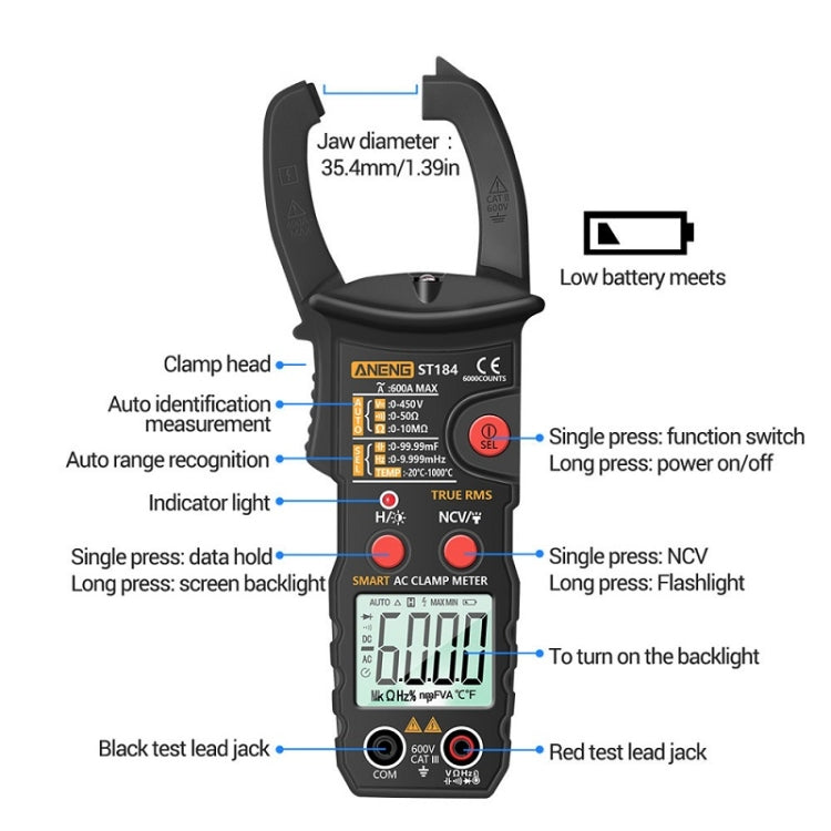 ANENG ST184 Automatically Identify Clamp-On Smart Digital Multimeter(Black) - Digital Multimeter by ANENG | Online Shopping UK | buy2fix